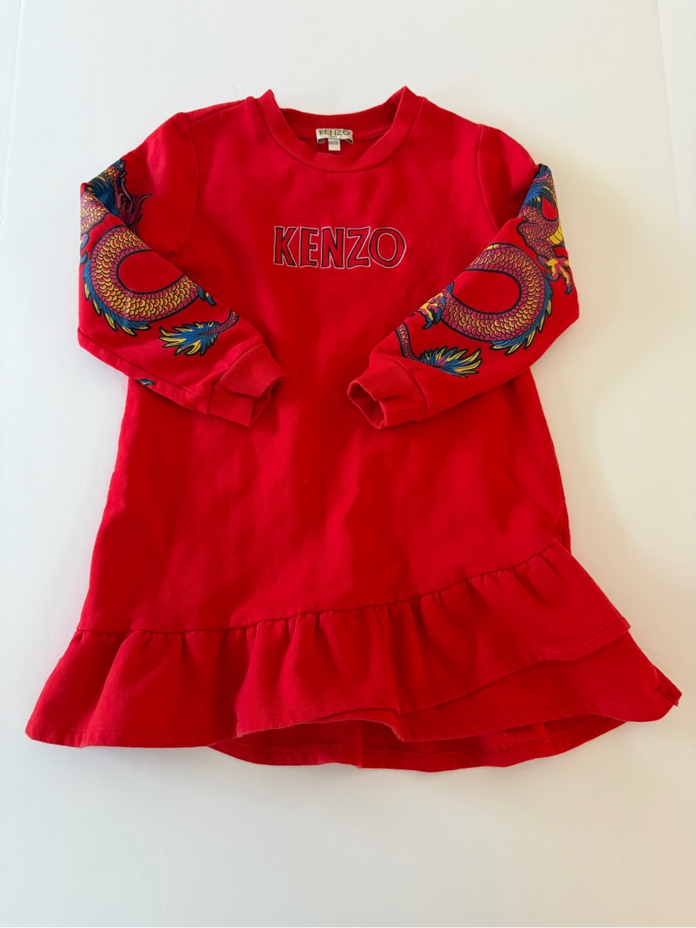 Kenzo Red Dragon Sleeve Ruffle Dress Long Sleeves Girls Size 6 Fall Winter